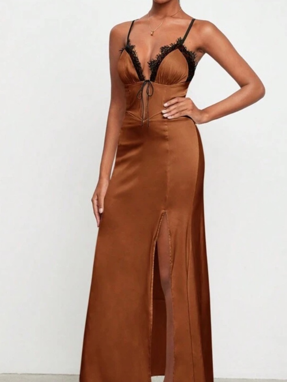 Satin Lace-Trim Slip Dress in Copper - Picture 3 of 6